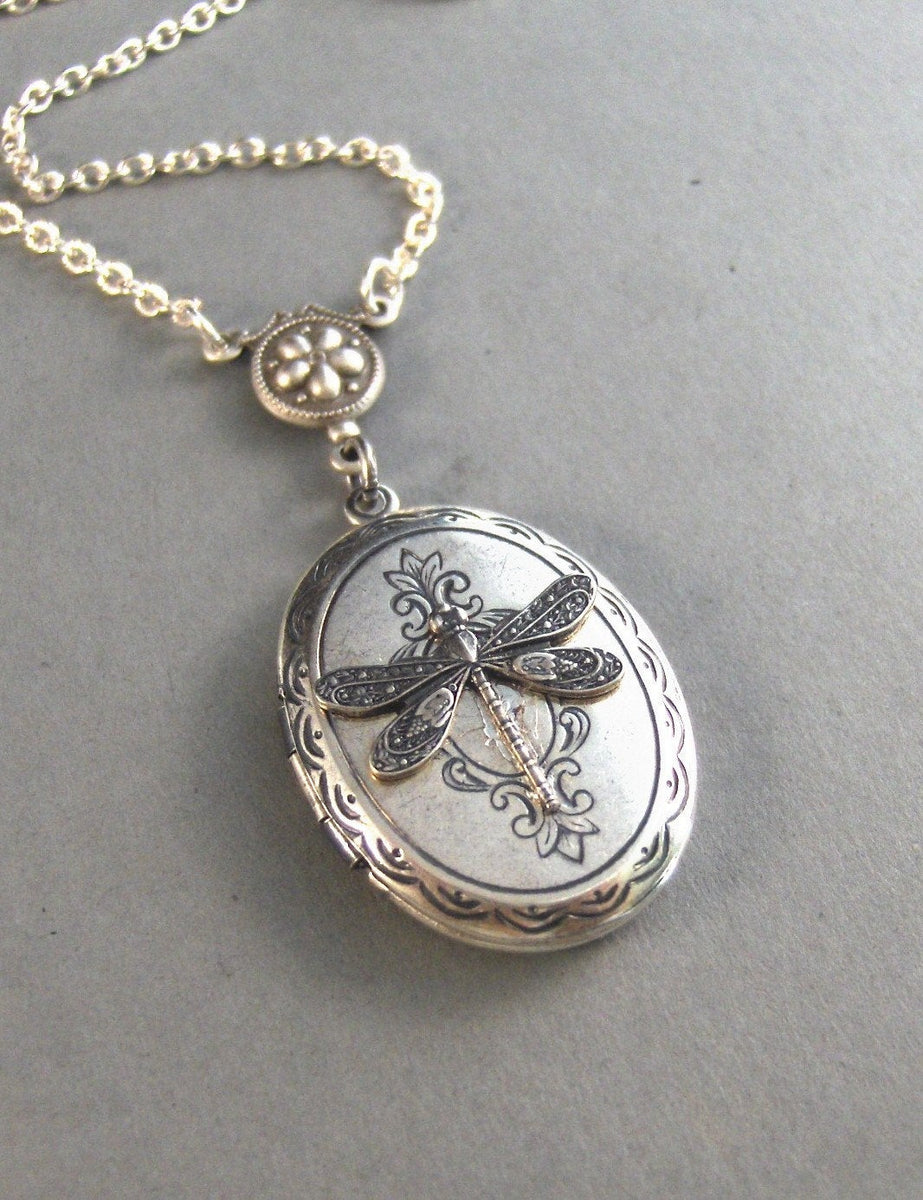 Meadow Silver Dragonfly Locket Victorian Style Silver Chain. Handmade Valley Girl Designs