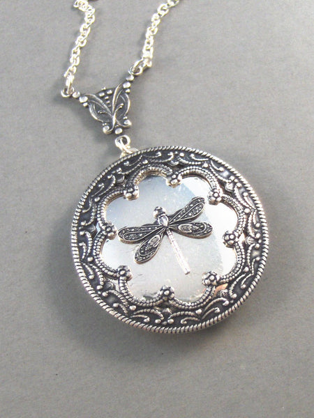 Duchess,Silver Dragonfly Locket,Wings,Antiqued,Charm,Flying,Summer,Vintage Style. Handmade jewelery by Valleygirldesigns.