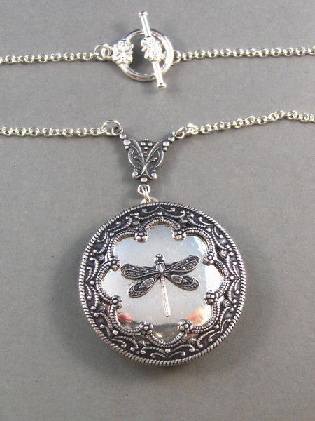 Duchess,Silver Dragonfly Locket,Wings,Antiqued,Charm,Flying,Summer,Vintage Style. Handmade jewelery by Valleygirldesigns.