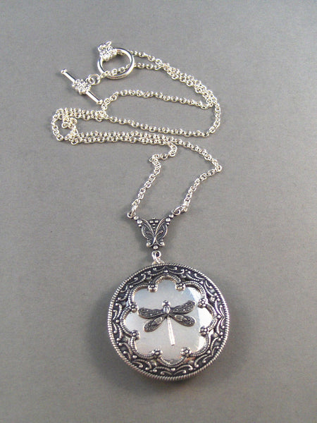 Duchess,Silver Dragonfly Locket,Wings,Antiqued,Charm,Flying,Summer,Vintage Style. Handmade jewelery by Valleygirldesigns.