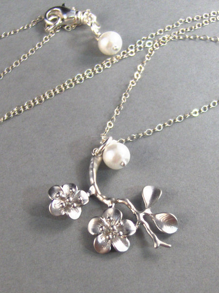 Felicity,Silver Necklace,Pearl Necklace,Sterling Necklace,Cherry Blossom,Sterling Silver,Wedding. Handmade jewelery by valleygirldesigns.