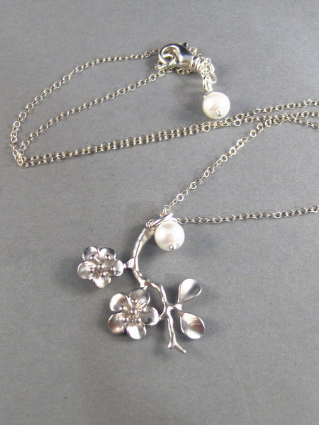 Felicity,Silver Necklace,Pearl Necklace,Sterling Necklace,Cherry Blossom,Sterling Silver,Wedding. Handmade jewelery by valleygirldesigns.