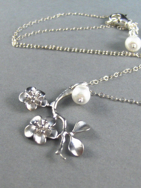 Felicity,Silver Necklace,Pearl Necklace,Sterling Necklace,Cherry Blossom,Sterling Silver,Wedding. Handmade jewelery by valleygirldesigns.
