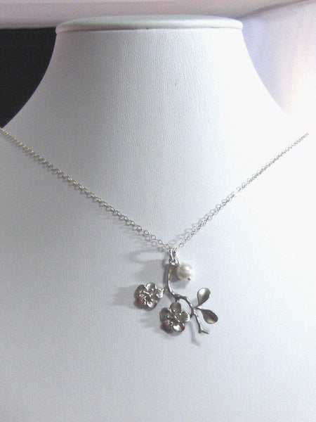 Felicity,Silver Necklace,Pearl Necklace,Sterling Necklace,Cherry Blossom,Sterling Silver,Wedding. Handmade jewelery by valleygirldesigns.