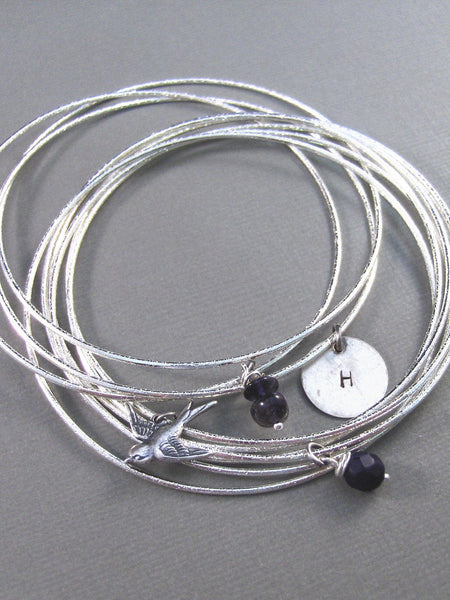 Matilda,Silver Bracelet,Bangle,Silver Bracelet,I,Blue,Boho,Personalize,Antique Bracelet,Bird. Handmade jewelery by valleygirldesigs.