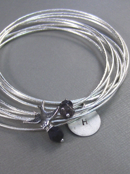 Matilda,Silver Bracelet,Bangle,Silver Bracelet,I,Blue,Boho,Personalize,Antique Bracelet,Bird. Handmade jewelery by valleygirldesigs.