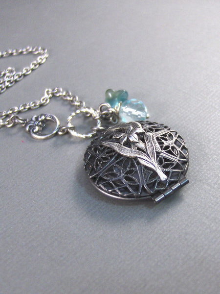Calliope,Silver Locket,Locket,Antique Locket,Filigree,Silver,Scent,Aquamarine,Quartz,Iris. Handmade jewelery by valleygirldesigns on Etsy.