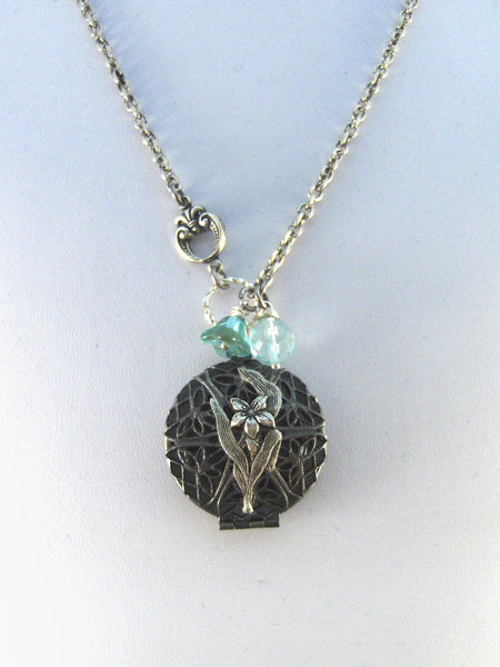 Calliope,Silver Locket,Locket,Antique Locket,Filigree,Silver,Scent,Aquamarine,Quartz,Iris. Handmade jewelery by valleygirldesigns on Etsy.