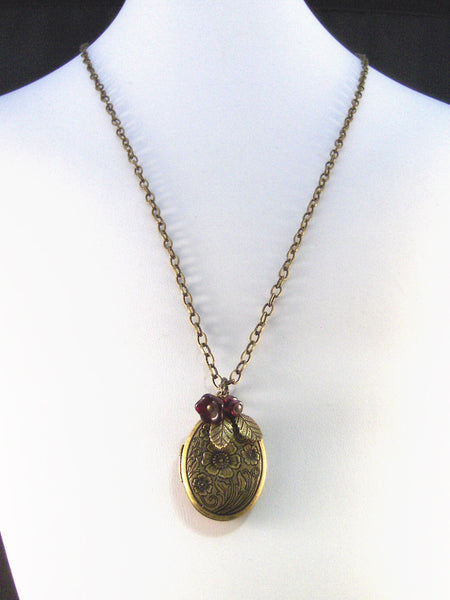 Cinnabar,Brass Locket,Locket,Antique Locket,Filigree Locket,Brass Necklace,Garnet. Handmade jewelry by Valleygirldesigns.