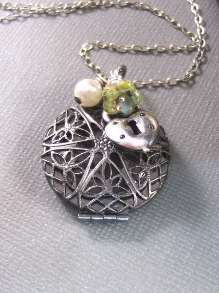 Calipso,Locket,Silver Locket,Antique Locket,Filigree,Pearl,Green,Auqa, Flower. Handmade jewelry by valleygirldesigns.