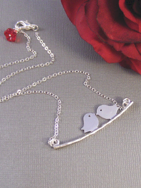 Karina,Necklace,Sterling Silver,Two,Bird,Silver Necklace, Red Flower, Kissing,Wedding. Handmade Jewelry by valleygirldesigns on Etsy.