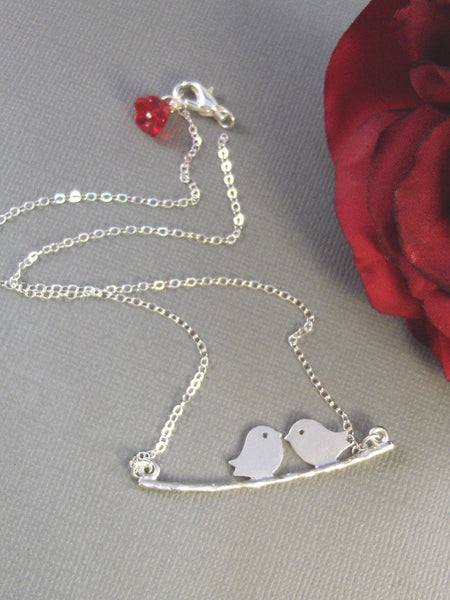 Karina,Necklace,Sterling Silver,Two,Bird,Silver Necklace, Red Flower, Kissing,Wedding. Handmade Jewelry by valleygirldesigns on Etsy.