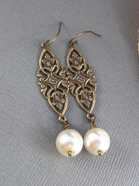 Pippa, Pearl Earrings,Brass Earrings,Antiqued Earrings,Pearl,White,Ivory,Antique Silver. Handmade jewelry by valleygirldesigns.