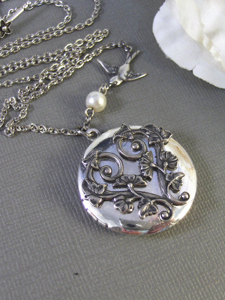 Morning Glory,Locket,Antique Locket,Silver Locket,Bird,Bird Locket,Flower Locket. Handmade jewelry by Valleygirldesigns.