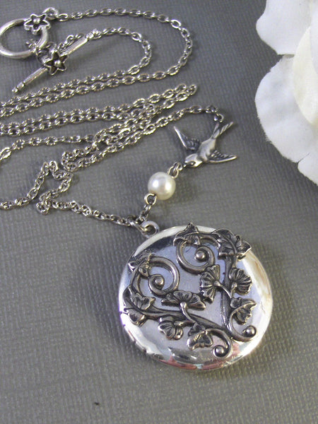 Morning Glory,Locket,Antique Locket,Silver Locket,Bird,Bird Locket,Flower Locket. Handmade jewelry by Valleygirldesigns.