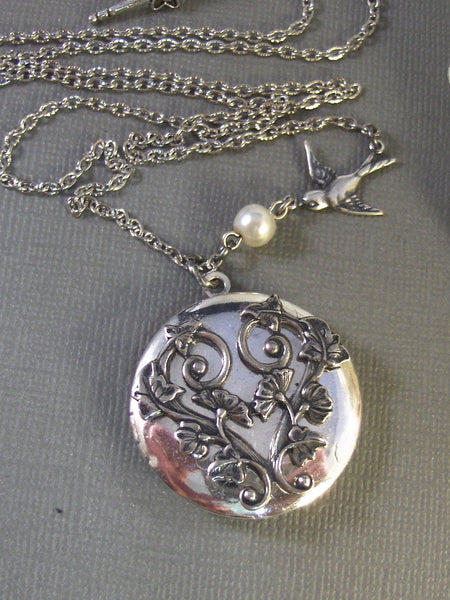 Morning Glory,Locket,Antique Locket,Silver Locket,Bird,Bird Locket,Flower Locket. Handmade jewelry by Valleygirldesigns.