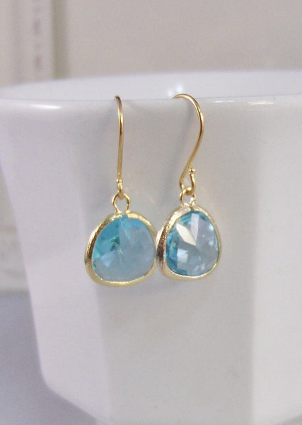 Ocean Rain. Gold Earrings,Aquamarine,Aquamarine Earrings,Bride,Wedding,March,Birthstone,Crystal. Handmade jewelery by Valleygirldesigns.