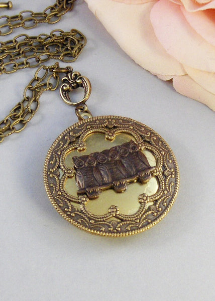 Tiny Owls,Owl,Locket,Brass Locket,Brass Necklace,Owl,Brass,Woodland,Antique Locket. Handmade jewelry by valleygirldesigns.