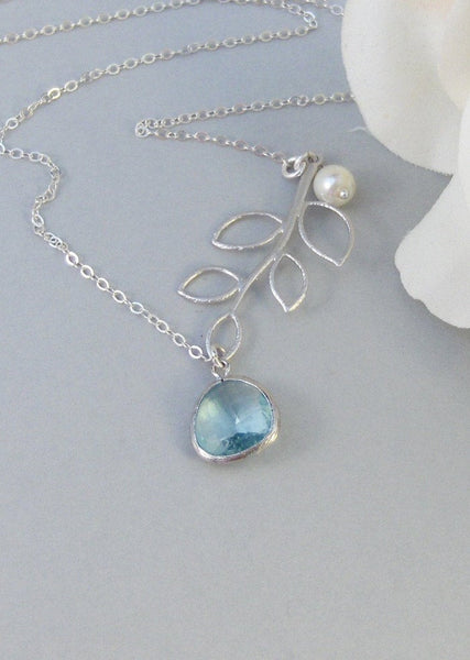 Clearwater,Necklace,Sterling Silver,Aquamarine,Aqua,Silver Necklace,Branch,Bride,Wedding,Birthstone. Handmade jewelry by valleygirldesigns