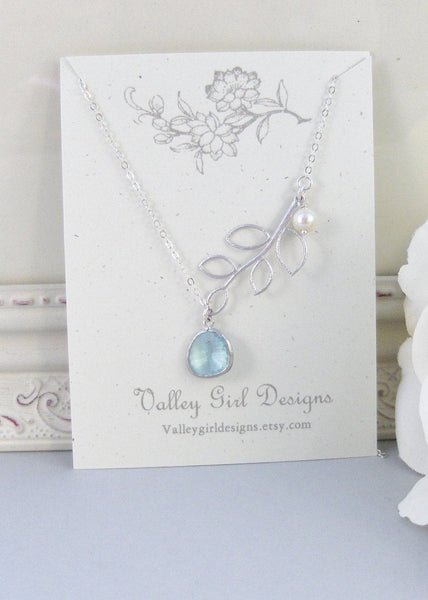 Clearwater,Necklace,Sterling Silver,Aquamarine,Aqua,Silver Necklace,Branch,Bride,Wedding,Birthstone. Handmade jewelry by valleygirldesigns