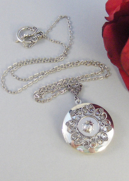 Ladybug,Silver Locket,Locket, Antique Locket,Ladybug,bug,Victorian Locket,Spring. Handmade jewelry by valleygirldesigns.