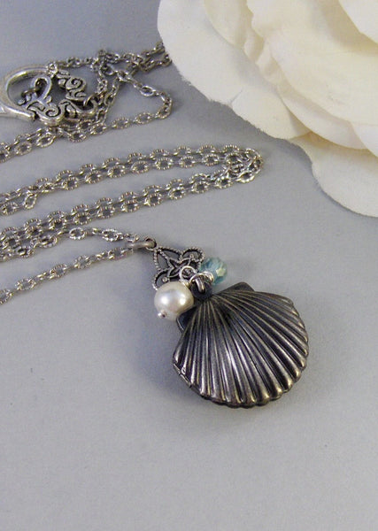 Mermaid Tears,Silver Locket,Locket, Antique Locket,Shell,Seahorse,Victorian Locket,Pearl. Handmade jewelry by valleygirldesigns.