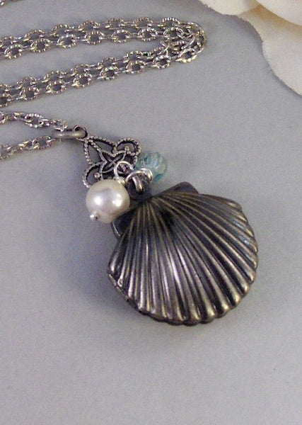 Mermaid Tears,Silver Locket,Locket, Antique Locket,Shell,Seahorse,Victorian Locket,Pearl. Handmade jewelry by valleygirldesigns.