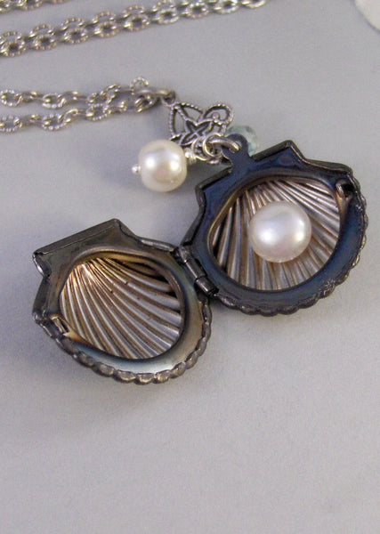 Mermaid Tears,Silver Locket,Locket, Antique Locket,Shell,Seahorse,Victorian Locket,Pearl. Handmade jewelry by valleygirldesigns.