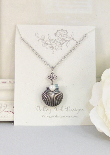 Mermaid Tears,Silver Locket,Locket, Antique Locket,Shell,Seahorse,Victorian Locket,Pearl. Handmade jewelry by valleygirldesigns.
