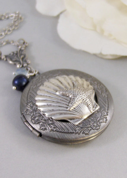 Oceans Pearl,Silver Locket,Locket, Antique Locket,Shell,Necklace,Victorian Locket,Pearl. Handmade jewelry by valleygirldesigns.