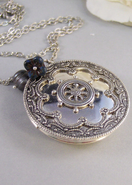 Ariels Grotto, Locket,Silver Locket,Antique Locket,Flower Locket.,Ship,Wheel,Blue, Flower. Handmade Jewelry by ValleyGirlDesigns.