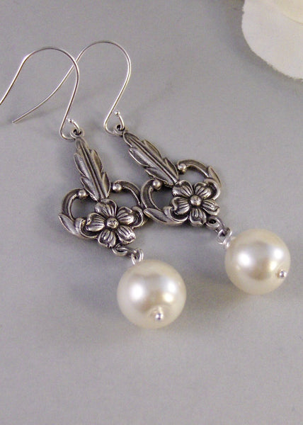 Gemma,Silver Earrings,Pearl,Pink,Antique,Vintage Style,Wedding,Bride,Blush. Handmade jewelery by valleygirldesign on Etsy.