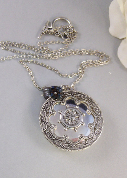 Ariels Grotto, Locket,Silver Locket,Antique Locket,Flower Locket.,Ship,Wheel,Blue, Flower. Handmade Jewelry by ValleyGirlDesigns.