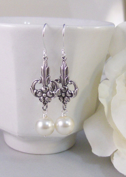 Gemma,Silver Earrings,Pearl,Pink,Antique,Vintage Style,Wedding,Bride,Blush. Handmade jewelery by valleygirldesign on Etsy.