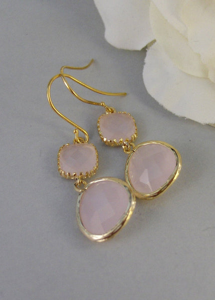 Pink Sea Glass,Earrings,Diamond Earring,Gold Earrings,,Pink Stone,Pink,Opal,Wedding,Bride,Crystal. Handmade jewelery by valleygirldesigns.