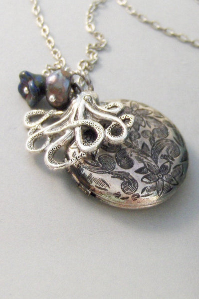 Under The Sea,Locket,Silver Locket,Flower,Octopus,Ocean,Antique Locket,Pearl,Blue,Aqua. Handmade jewelry by valleygirldesigns.