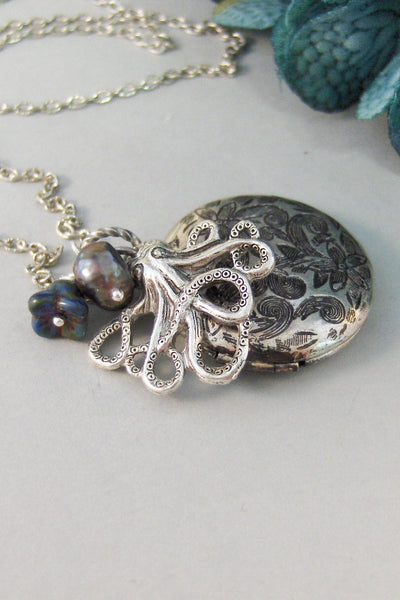 Under The Sea,Locket,Silver Locket,Flower,Octopus,Ocean,Antique Locket,Pearl,Blue,Aqua. Handmade jewelry by valleygirldesigns.