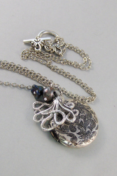 Under The Sea,Locket,Silver Locket,Flower,Octopus,Ocean,Antique Locket,Pearl,Blue,Aqua. Handmade jewelry by valleygirldesigns.