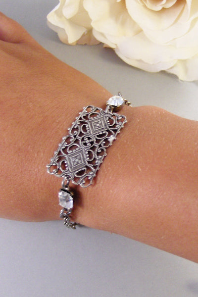 Rennisance,Bracelet,Silver Bracelet,Bracelet,Silver,Antique Bracelet,Diamond,Rhinestone,Vintage.Wedding,Bride. Jewelry by valleygirldesigns.
