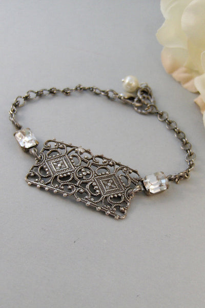 Rennisance,Bracelet,Silver Bracelet,Bracelet,Silver,Antique Bracelet,Diamond,Rhinestone,Vintage.Wedding,Bride. Jewelry by valleygirldesigns.
