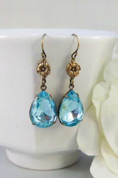 Moonflower,Vintage Earrings,Aquamarine Earrings,Brass Earrings,Aquamarine,March,Earrings,Blue. Handmade Jewelry by valleygirldesigns.