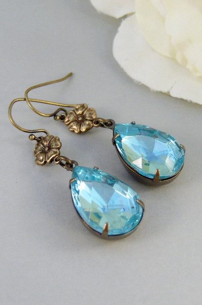Moonflower,Vintage Earrings,Aquamarine Earrings,Brass Earrings,Aquamarine,March,Earrings,Blue. Handmade Jewelry by valleygirldesigns.