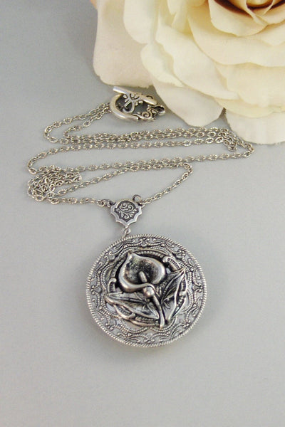 Victorian Lily,Silver Locket,Flower,Tulip,Iris,Antiqued,Bride,Silver Locket,Antique Locket,Lily.Handmade Jewelery by Valleygirldesigns.