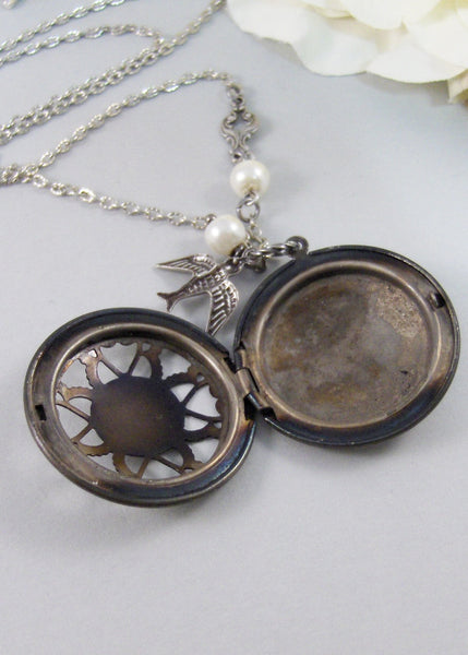 Nightengale,Locket,Silver Locket,Bird,Sparrow,Pearl,Woodland,Scent,Perfume,Antique Locket,Steampunk. Handmade jewelry by valleygirldesigns.
