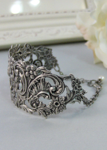 Guinevere,Bracelet,Cuff,Silver Bracelet,Cuff Bracelet,Bracelet,Silver,Antique Bracelet,Wedding,Bride.Handmade Jewelry by valleygirldesigns.