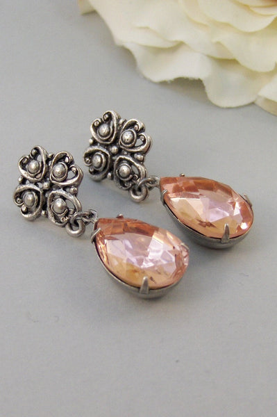 Crushed Rose,Earring,Vintage Earrings,Peach,Pink,Rose,Post Earrings,Flower,Rhinestone,Wedding. Handmade Jewelry by valleygirldesigns.