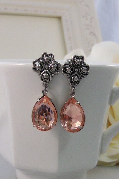 Crushed Rose,Earring,Vintage Earrings,Peach,Pink,Rose,Post Earrings,Flower,Rhinestone,Wedding. Handmade Jewelry by valleygirldesigns.
