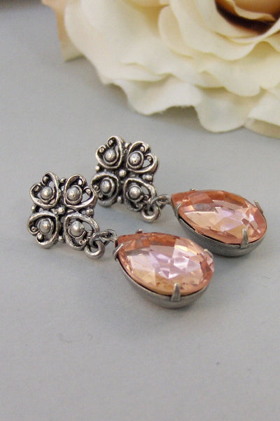 Crushed Rose,Earring,Vintage Earrings,Peach,Pink,Rose,Post Earrings,Flower,Rhinestone,Wedding. Handmade Jewelry by valleygirldesigns.