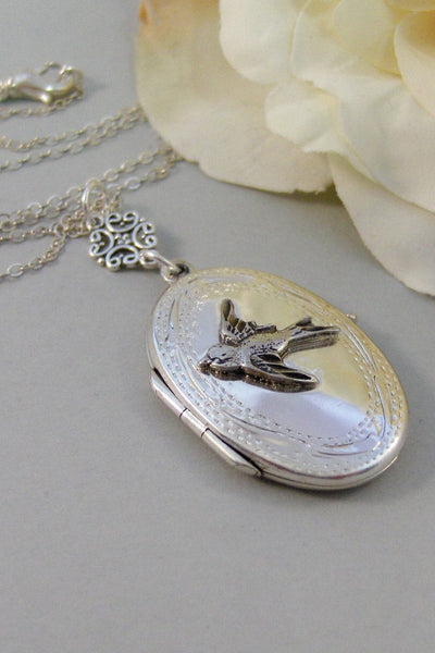Graceful Songbird, Locket,Sterling Silver Locket,Bird Locket,Silver Necklace,Bird,Sparrow,Wing.  Handmade jewelery by valleygirldesigns.