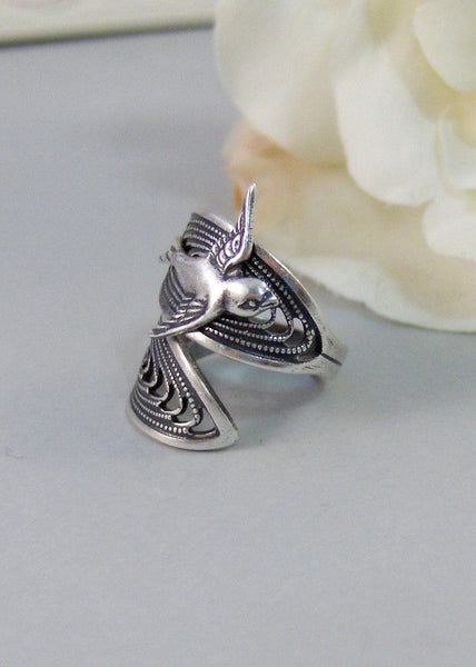 Frosted Melody,Ring,Silver,Bird,Sparrow,Antique Ring,Silver Ring,Bird Ring,Woodland,Wedding. Handmade jewelery by valleygirldesigns.